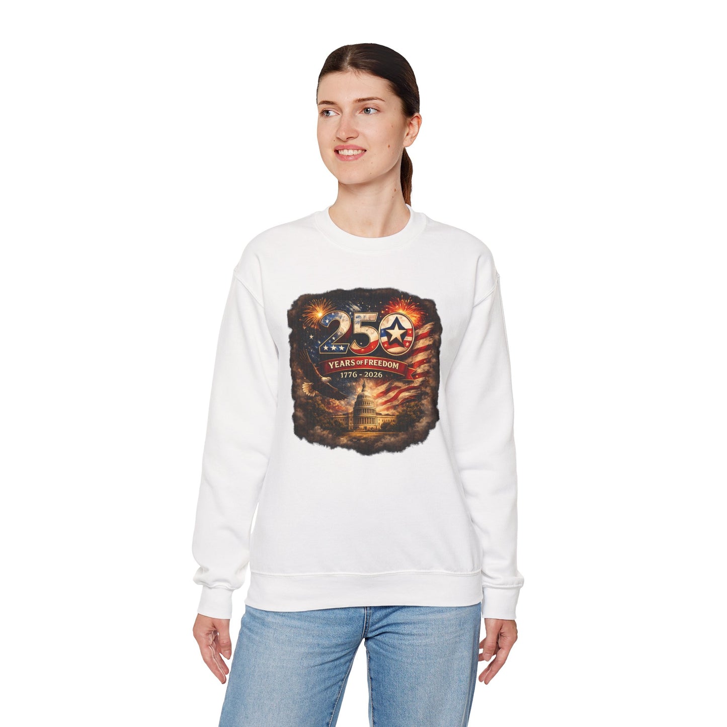 250th Anniversary Patriotic Crewneck Sweatshirt — "250 Years of Freedom" USA Flag Design