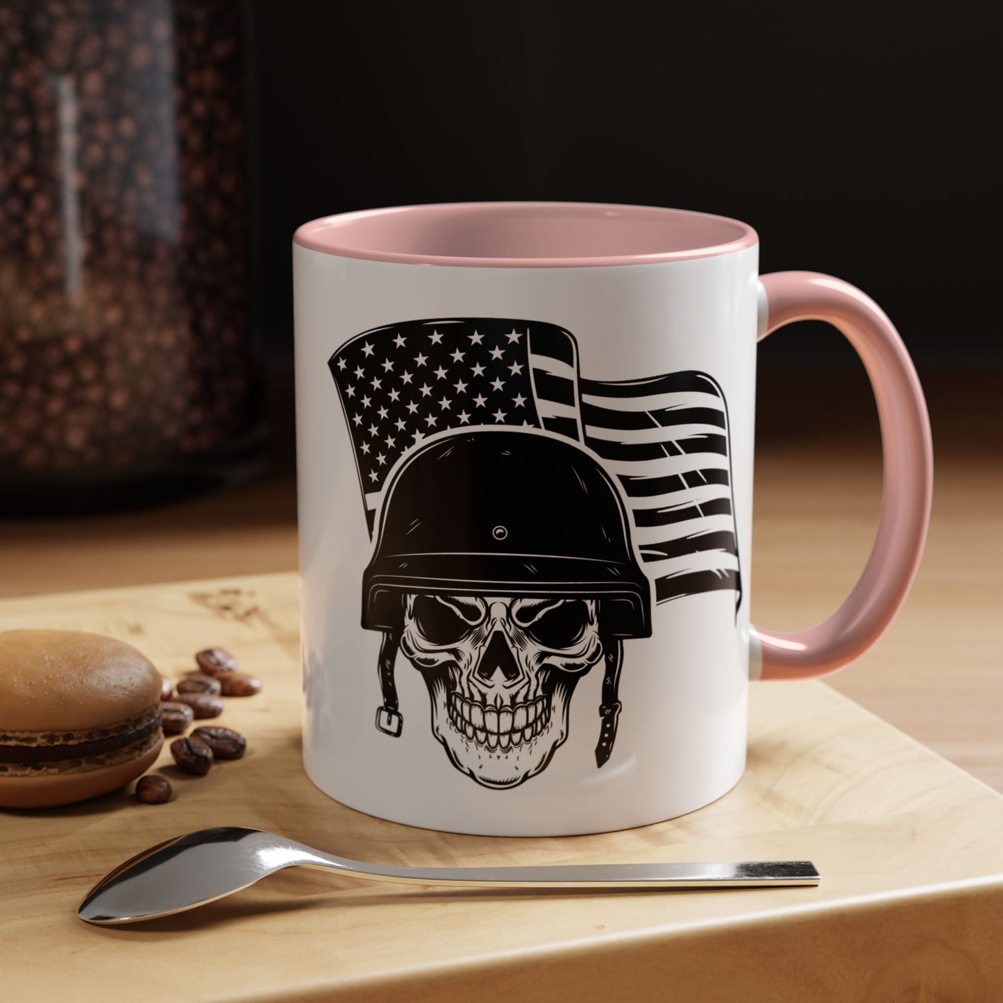 American Skull Soldier Coffee Mug — Military Helmet with US Flag (11/15oz)