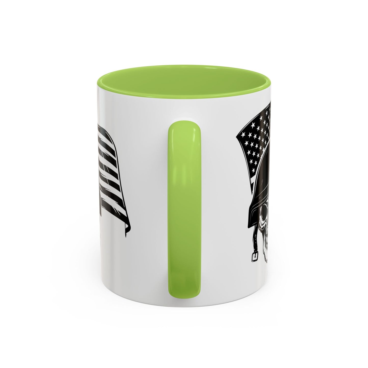 American Skull Soldier Coffee Mug — Military Helmet with US Flag (11/15oz)