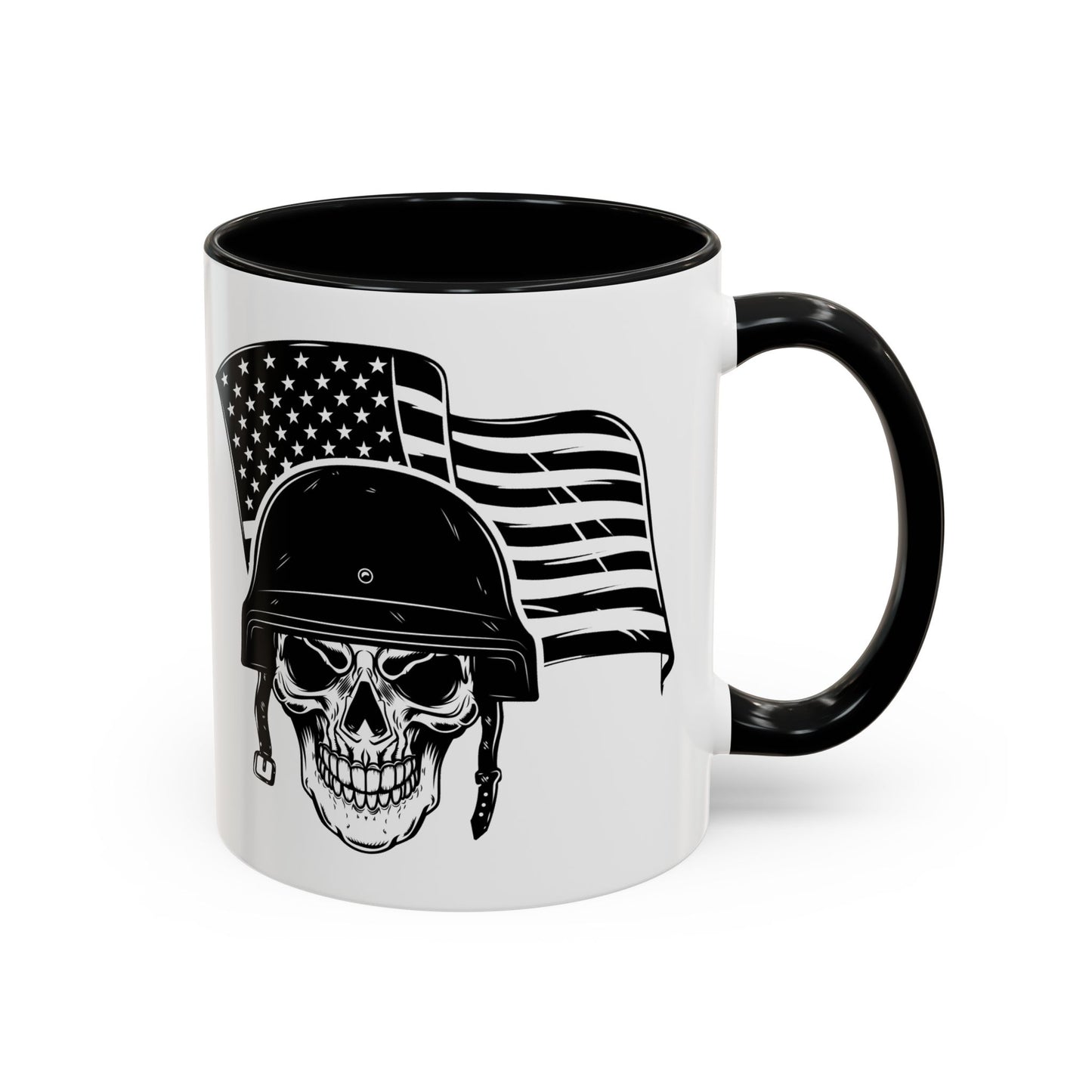 American Skull Soldier Coffee Mug — Military Helmet with US Flag (11/15oz)