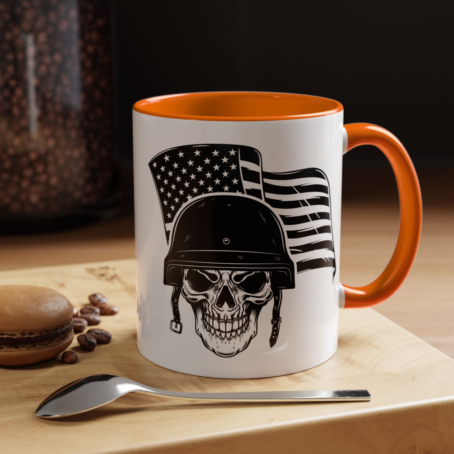 American Skull Soldier Coffee Mug — Military Helmet with US Flag (11/15oz)
