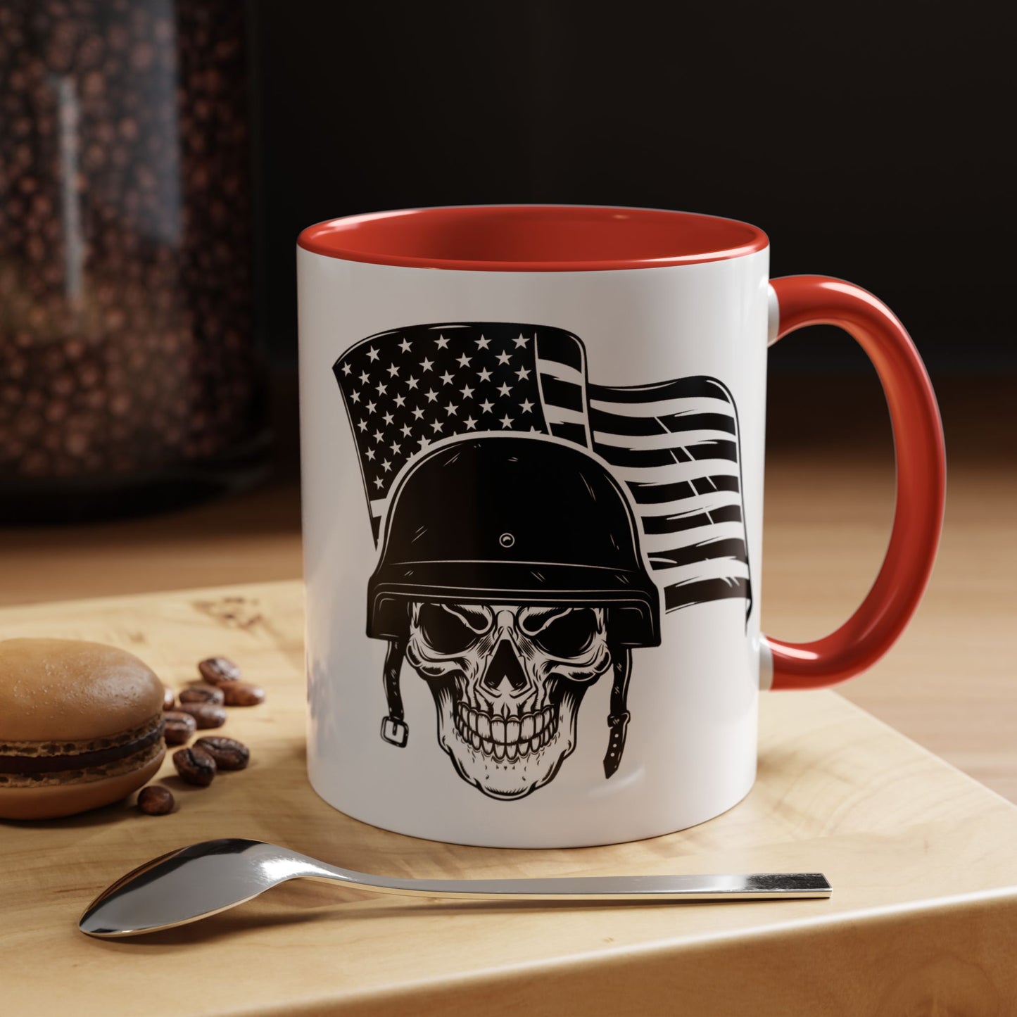 American Skull Soldier Coffee Mug — Military Helmet with US Flag (11/15oz)
