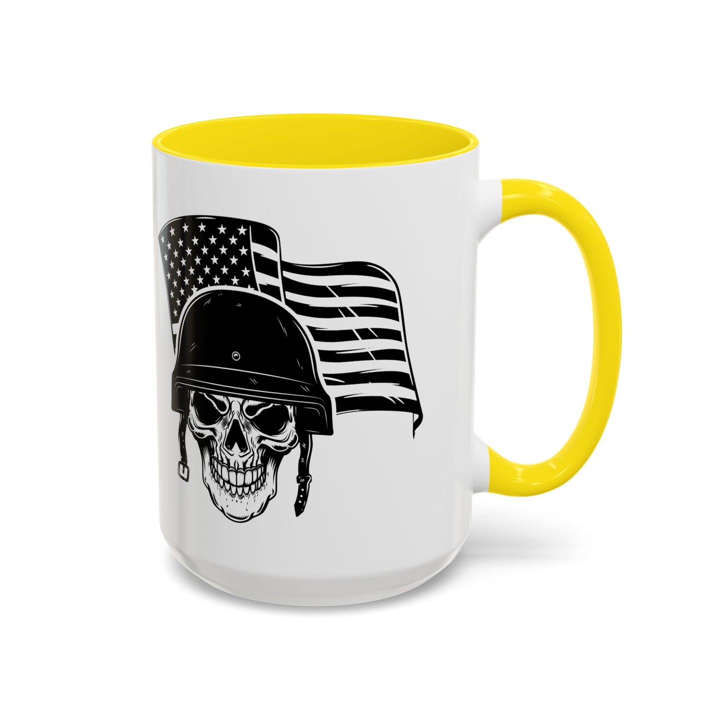 American Skull Soldier Coffee Mug — Military Helmet with US Flag (11/15oz)
