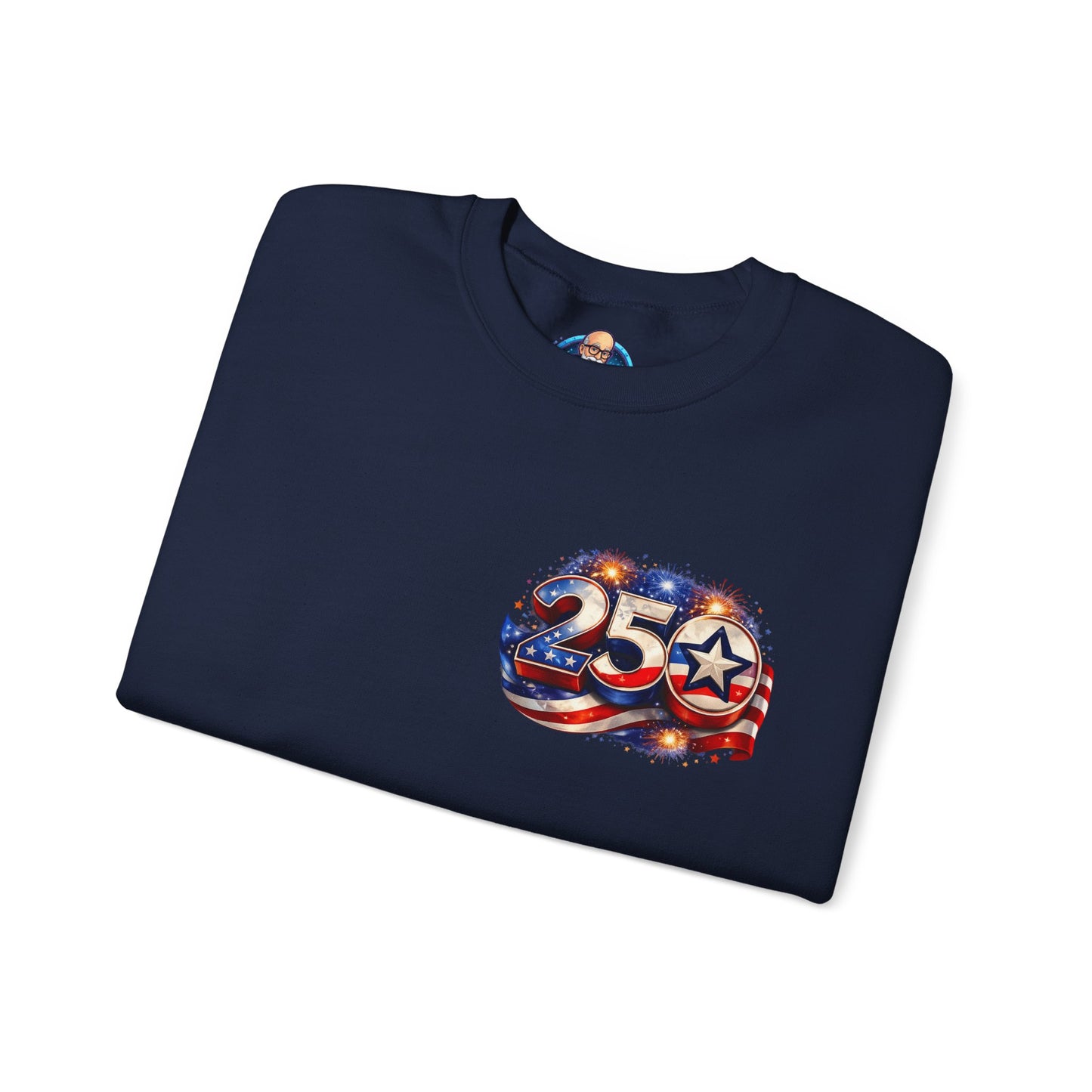 250th Anniversary USA Flag Crewneck Sweatshirt — Patriotic 25 Celebration Design Front and Back