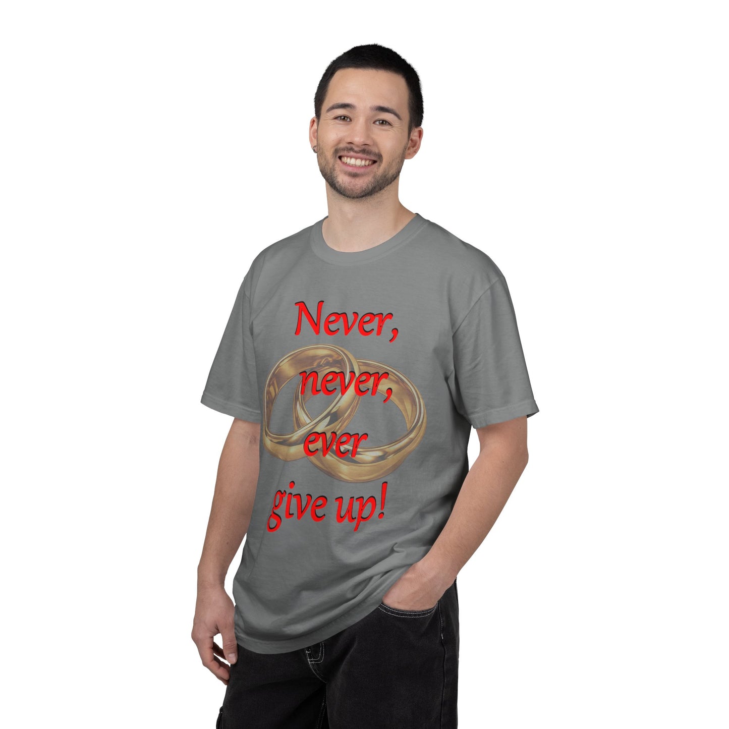 T-Shirt — "Never, never, ever give up!" Motivational Tee with Interlocking Rings