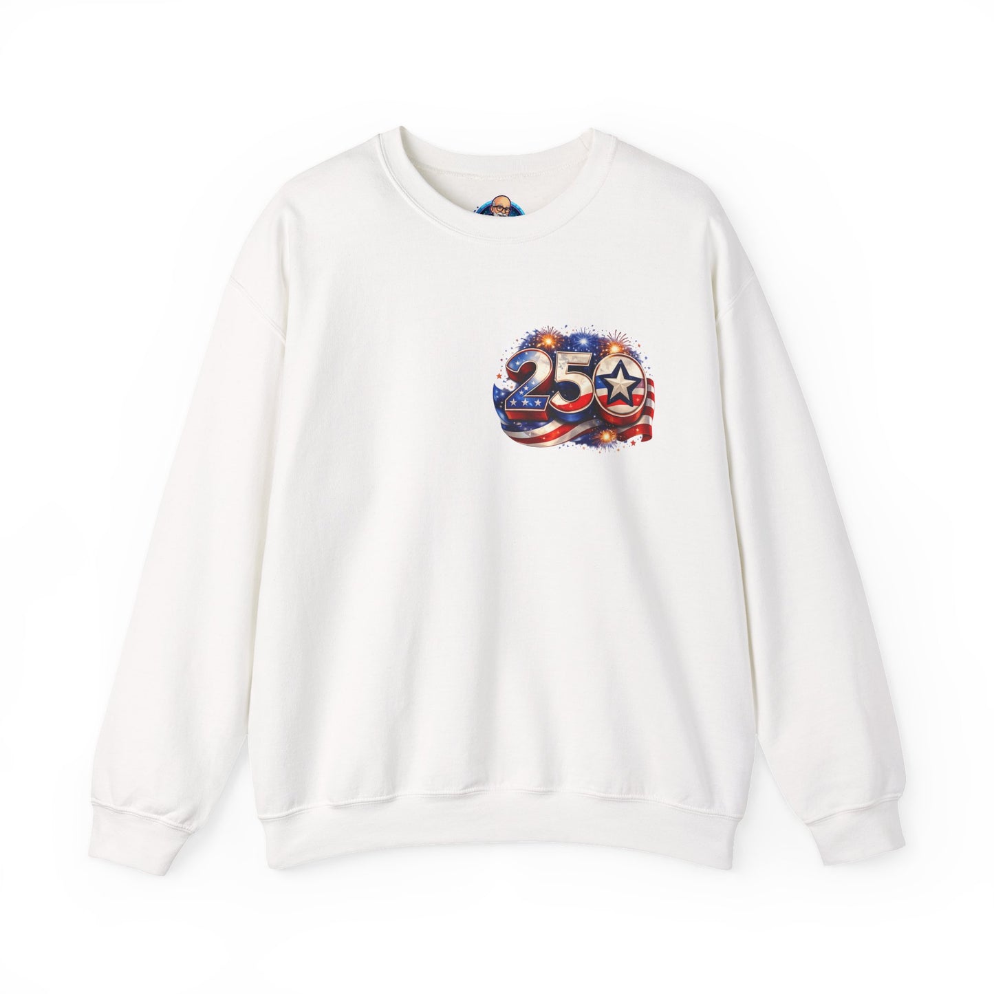 250th Anniversary USA Flag Crewneck Sweatshirt — Patriotic 25 Celebration Design Front and Back