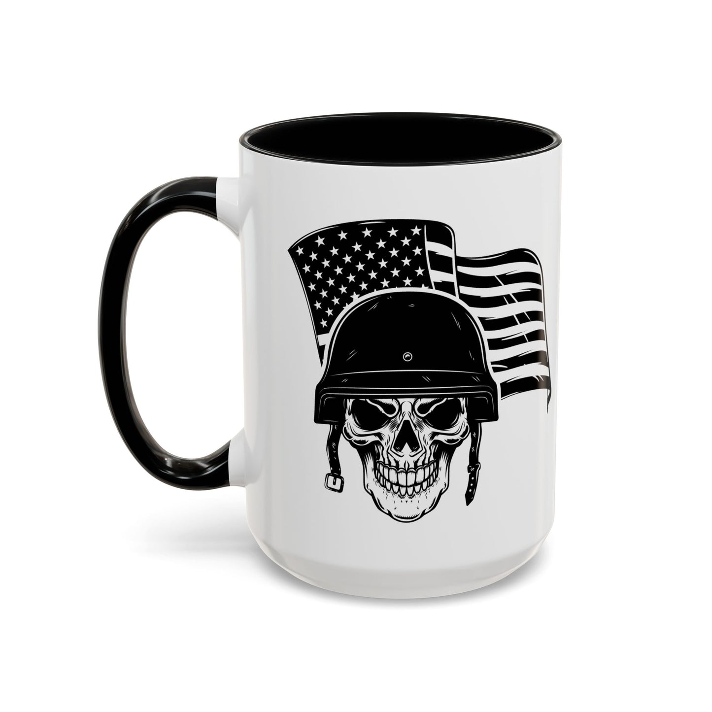 American Skull Soldier Coffee Mug — Military Helmet with US Flag (11/15oz)