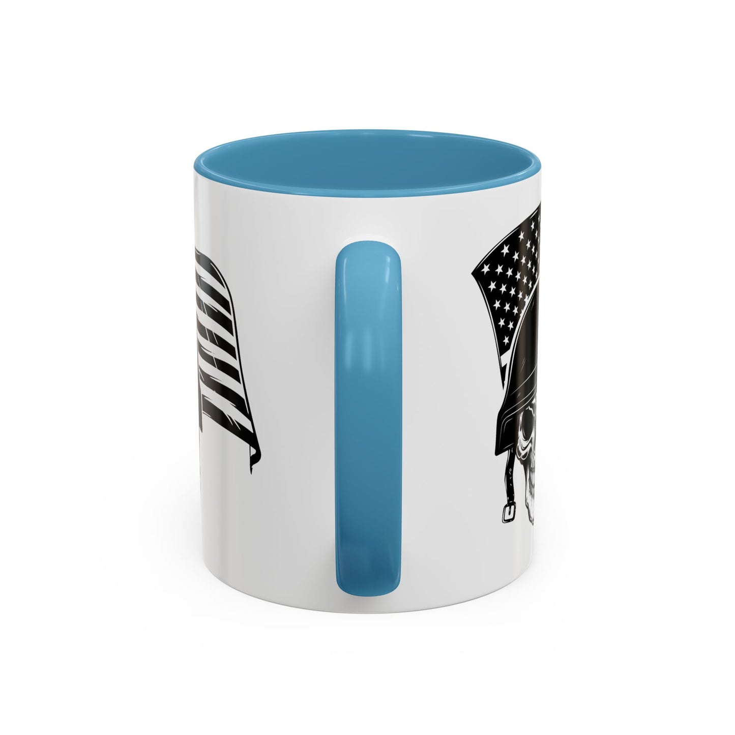 American Skull Soldier Coffee Mug — Military Helmet with US Flag (11/15oz)