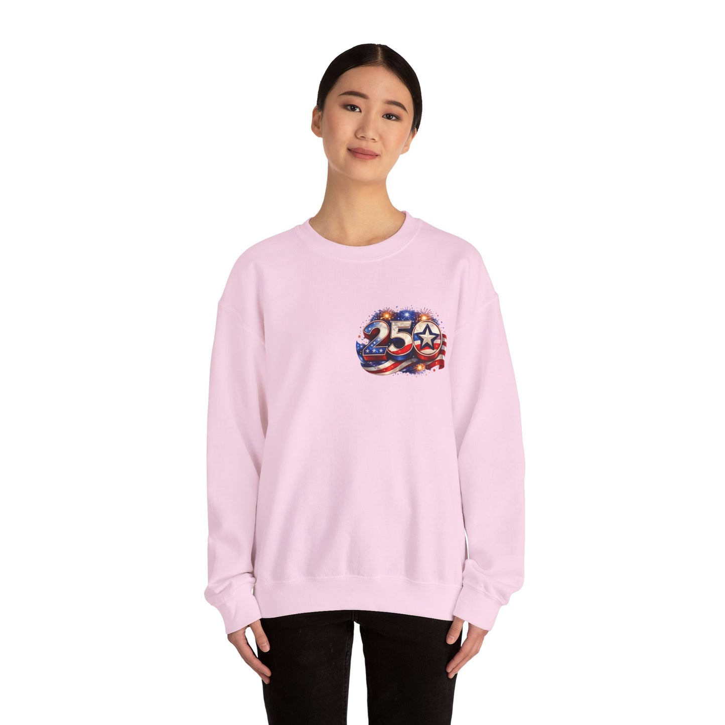 250th Anniversary USA Flag Crewneck Sweatshirt — Patriotic 25 Celebration Design Front and Back