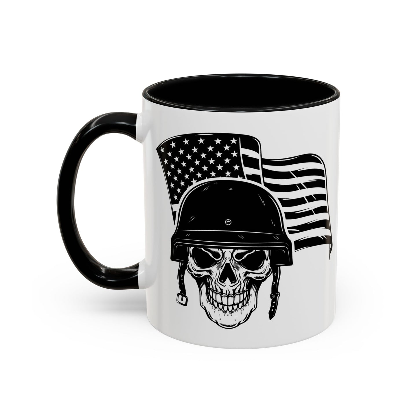 American Skull Soldier Coffee Mug — Military Helmet with US Flag (11/15oz)