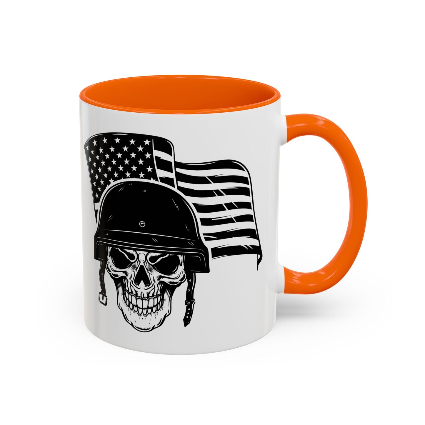 American Skull Soldier Coffee Mug — Military Helmet with US Flag (11/15oz)