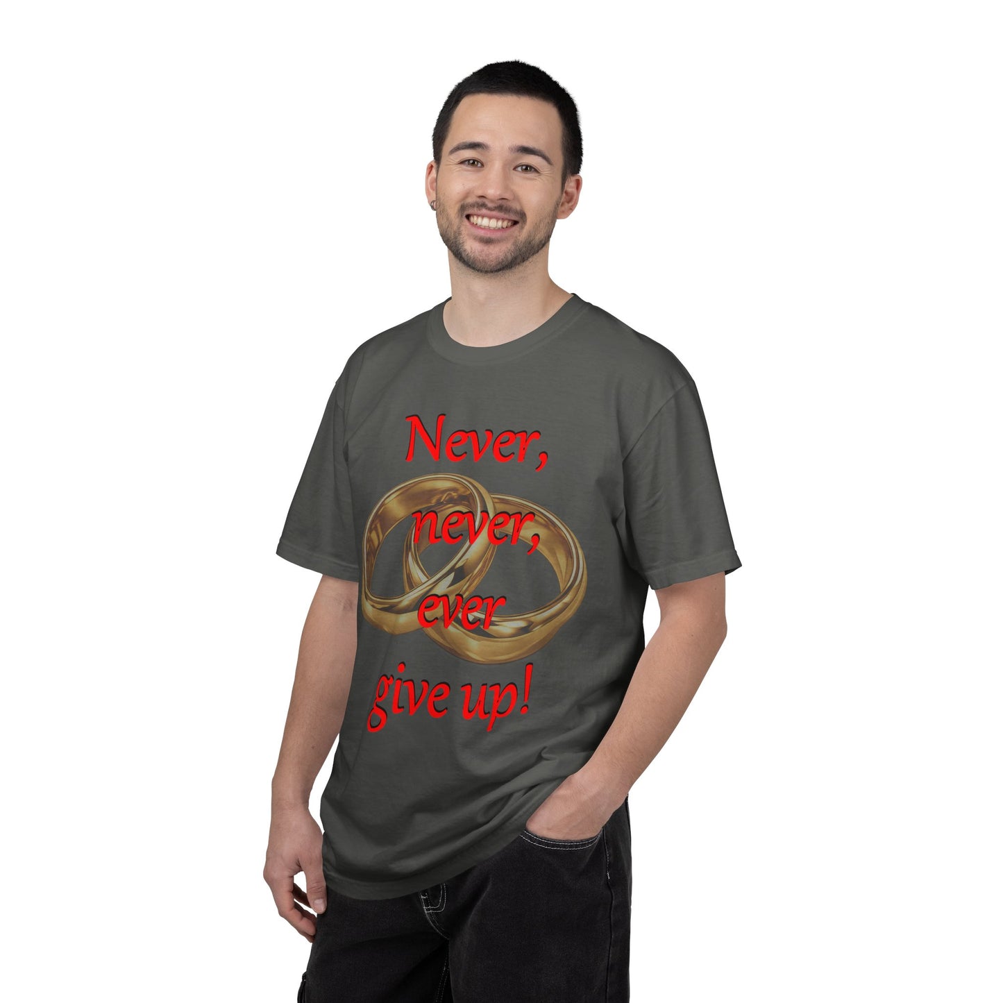 T-Shirt — "Never, never, ever give up!" Motivational Tee with Interlocking Rings
