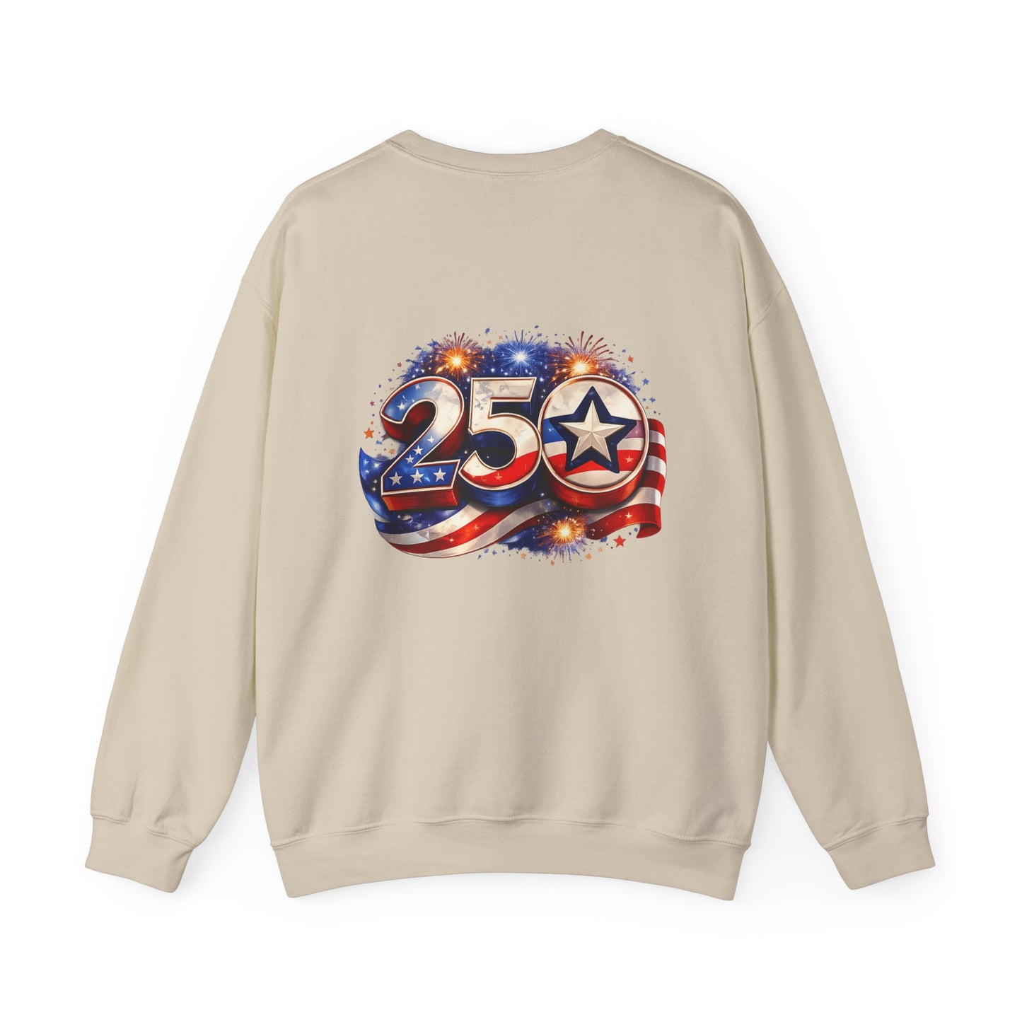 250th Anniversary USA Flag Crewneck Sweatshirt — Patriotic 25 Celebration Design Front and Back