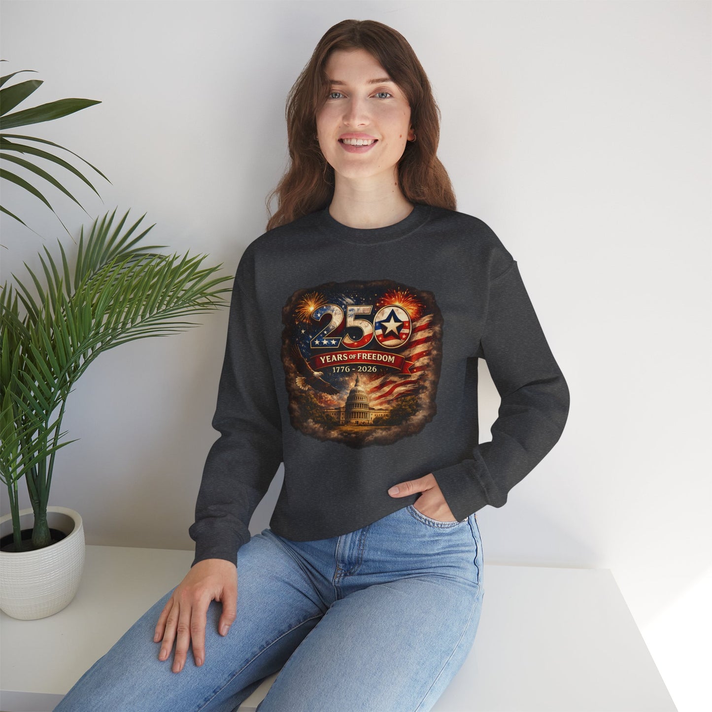 250th Anniversary Patriotic Crewneck Sweatshirt — "250 Years of Freedom" USA Flag Design