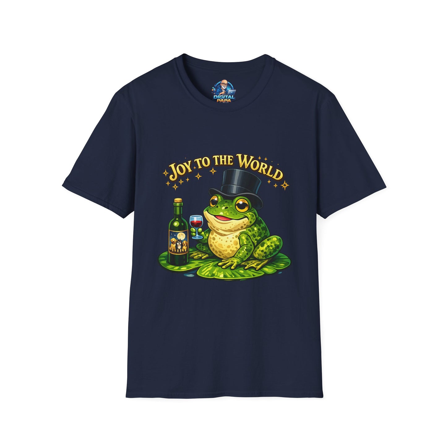 Joy to the World Frog T-Shirt — Festive Top Hat Frog with Wine Bottle