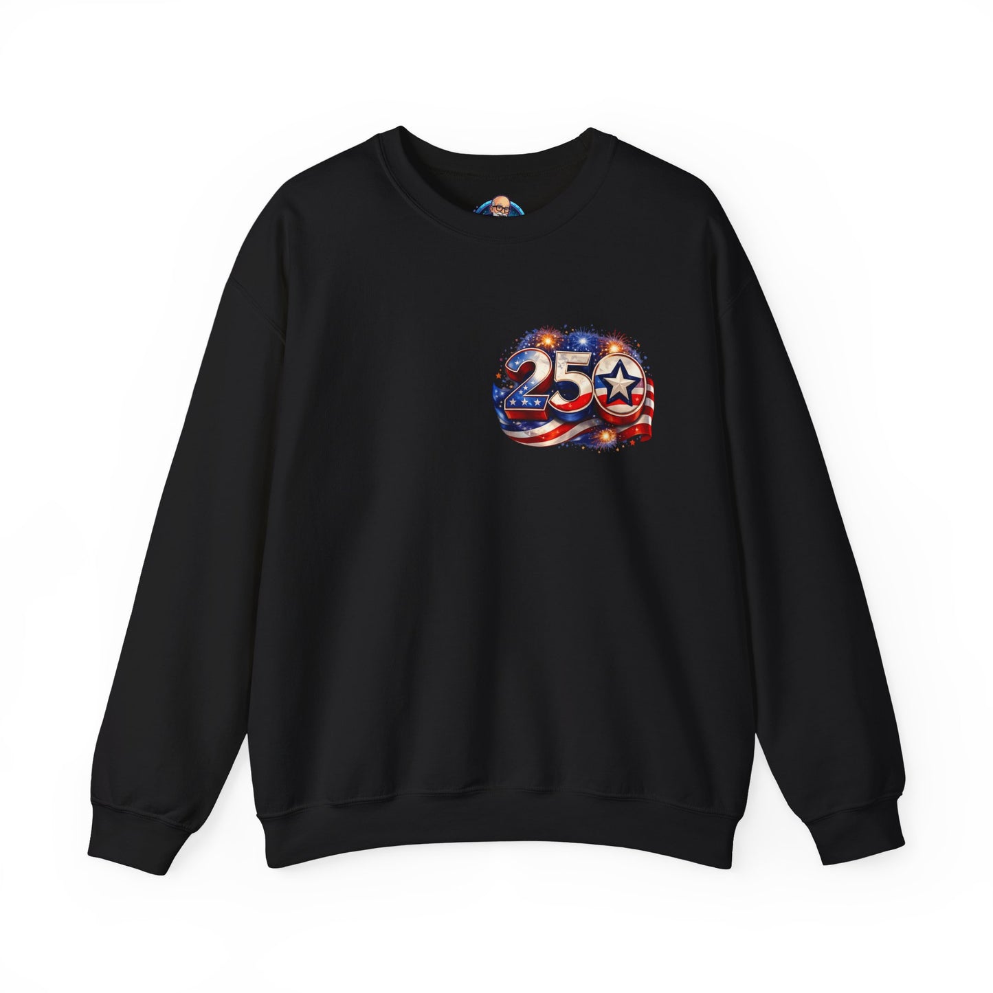 250th Anniversary USA Flag Crewneck Sweatshirt — Patriotic 25 Celebration Design Front and Back