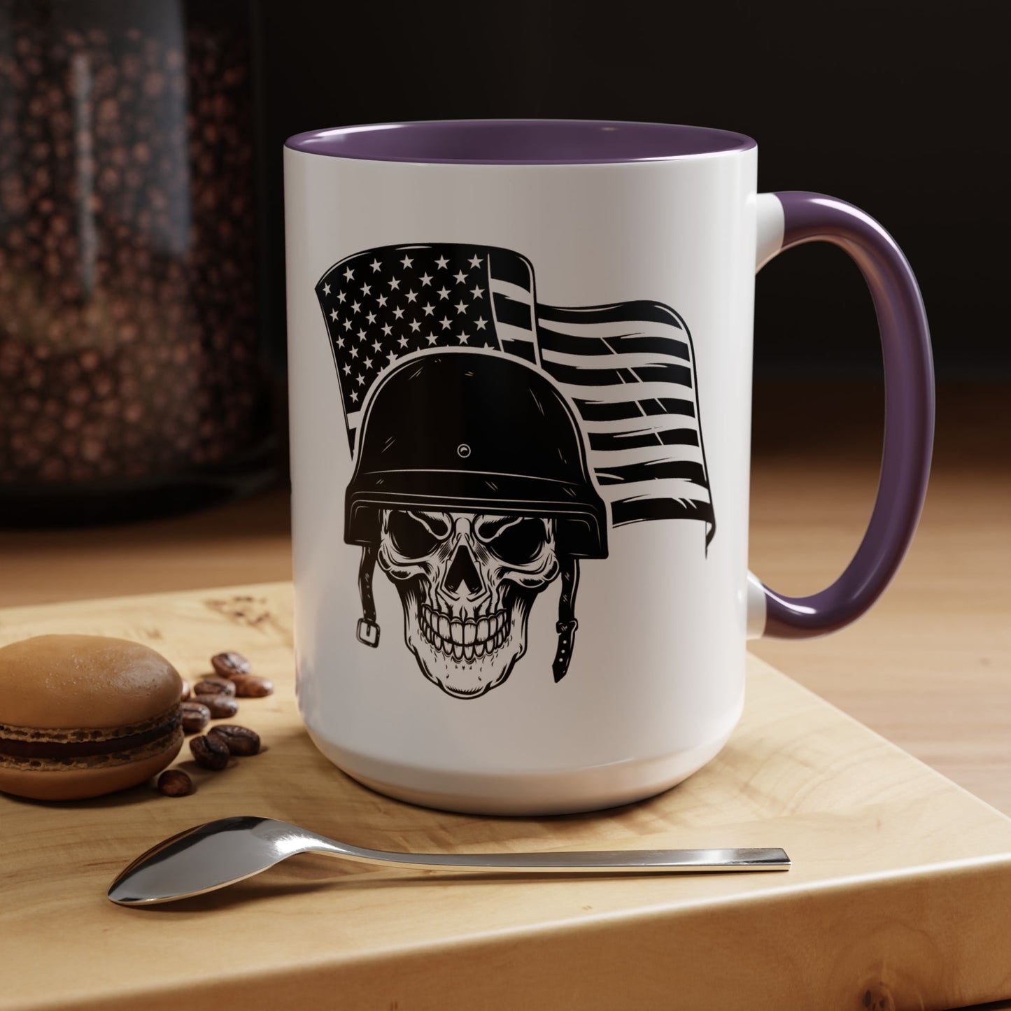 American Skull Soldier Coffee Mug — Military Helmet with US Flag (11/15oz)