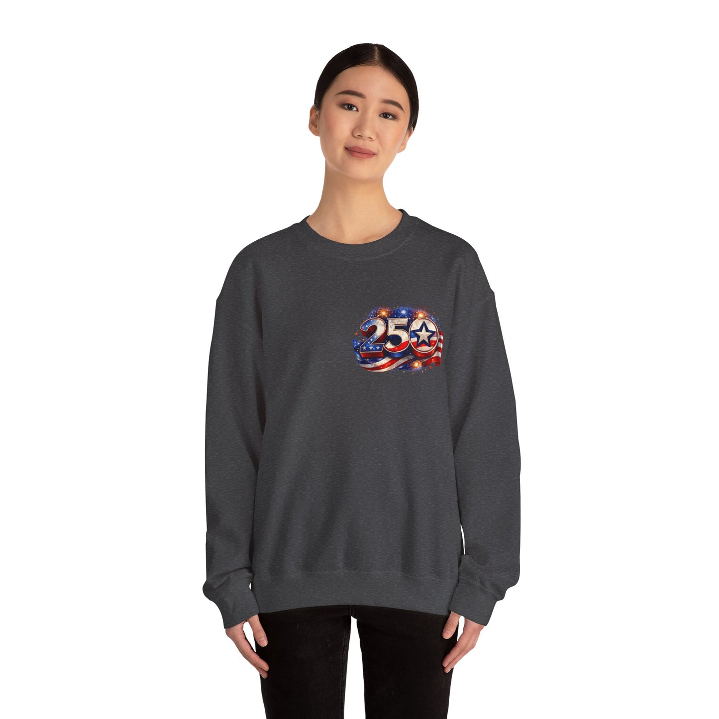 250th Anniversary USA Flag Crewneck Sweatshirt — Patriotic 25 Celebration Design Front and Back