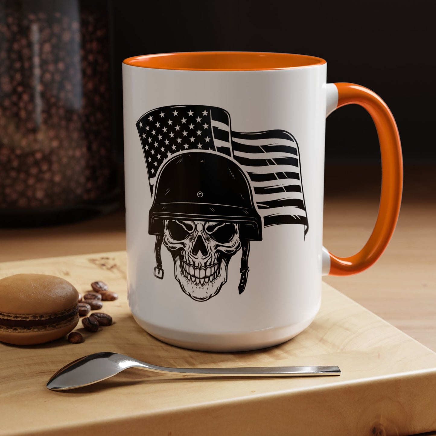 American Skull Soldier Coffee Mug — Military Helmet with US Flag (11/15oz)