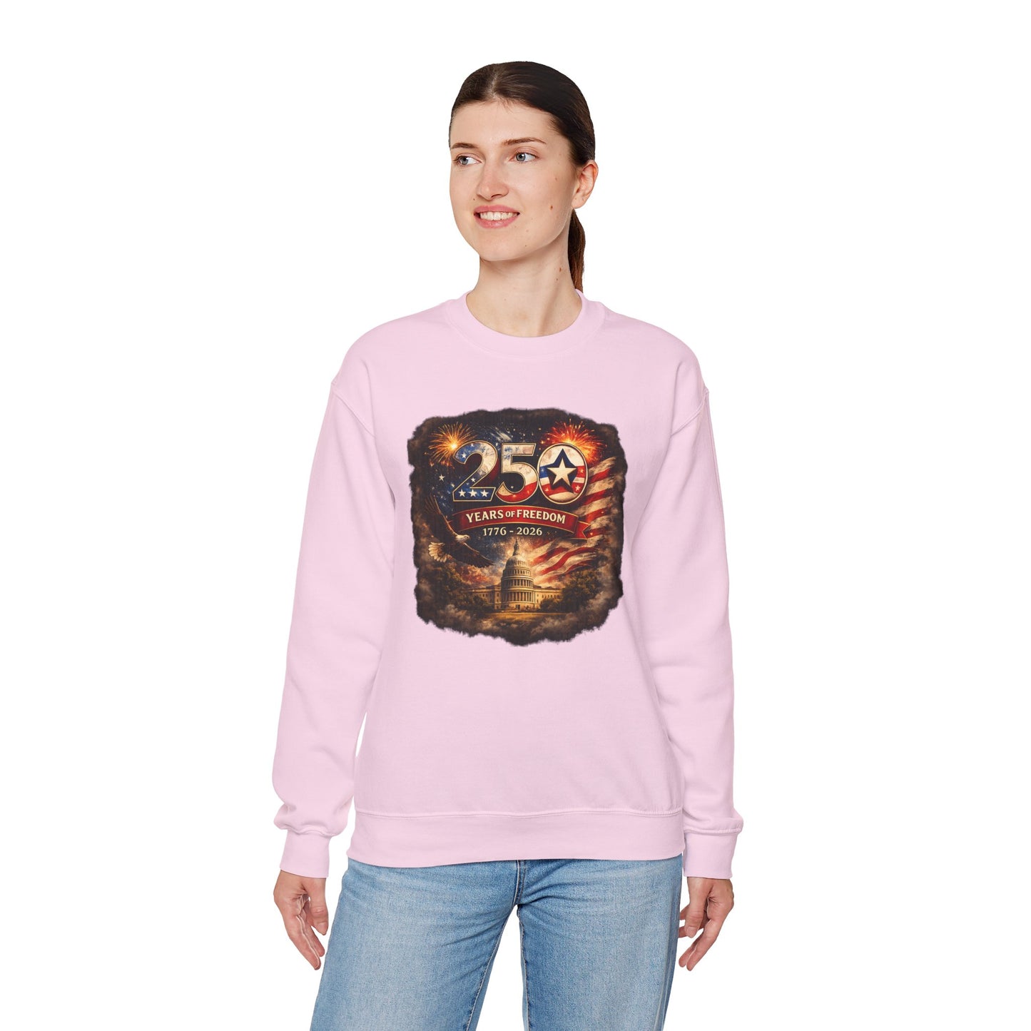 250th Anniversary Patriotic Crewneck Sweatshirt — "250 Years of Freedom" USA Flag Design