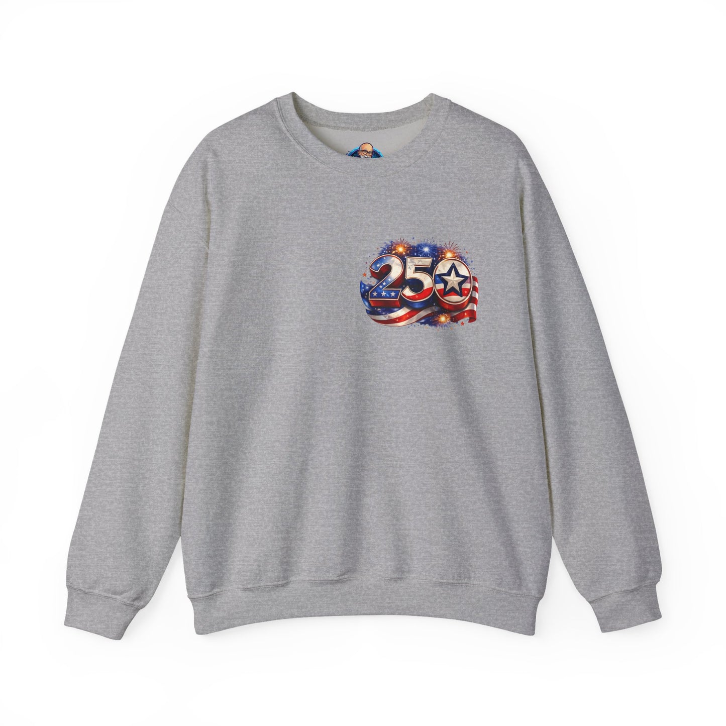 250th Anniversary USA Flag Crewneck Sweatshirt — Patriotic 25 Celebration Design Front and Back