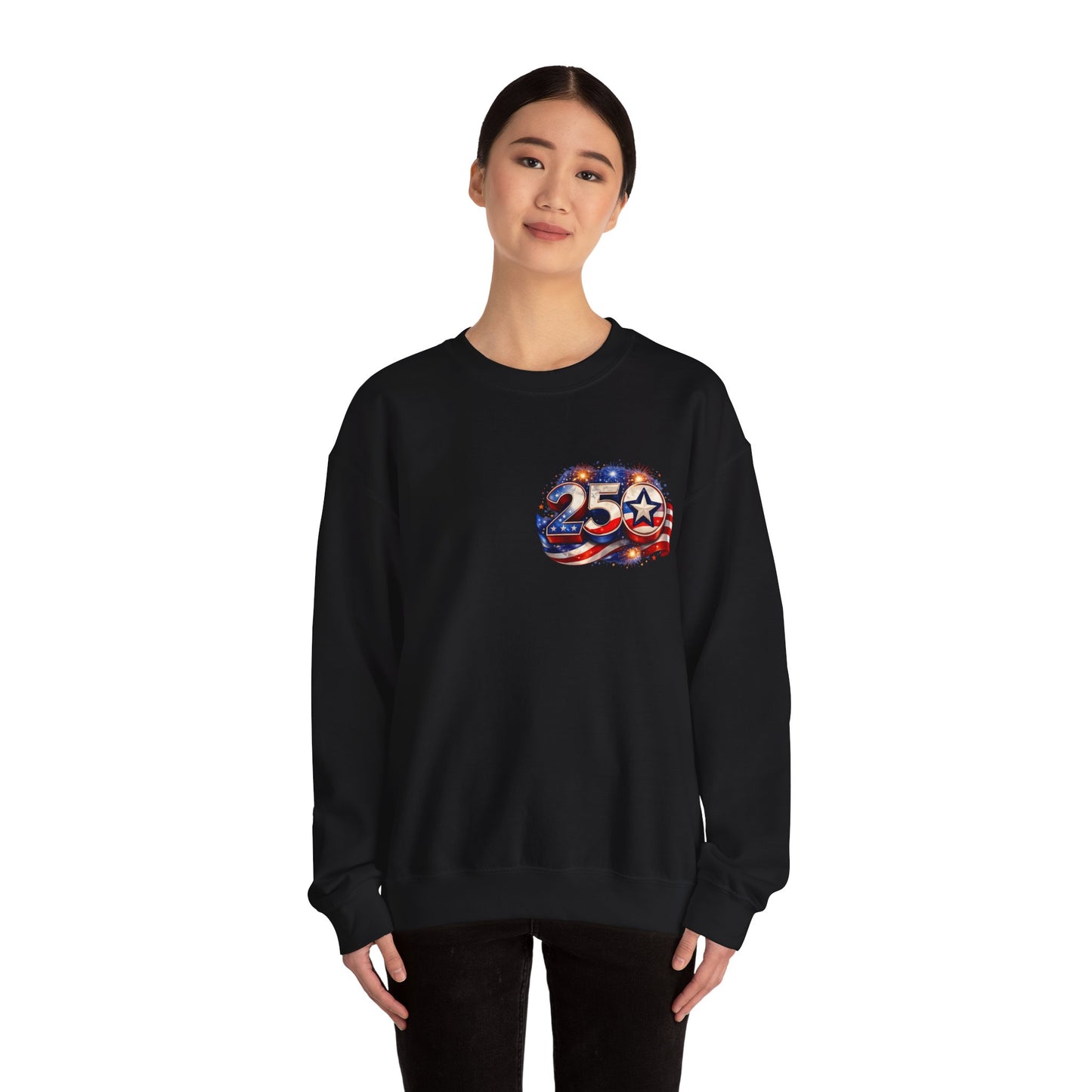 250th Anniversary USA Flag Crewneck Sweatshirt — Patriotic 25 Celebration Design Front and Back