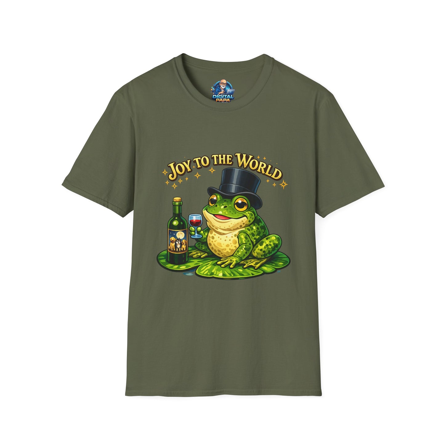 Joy to the World Frog T-Shirt — Festive Top Hat Frog with Wine Bottle
