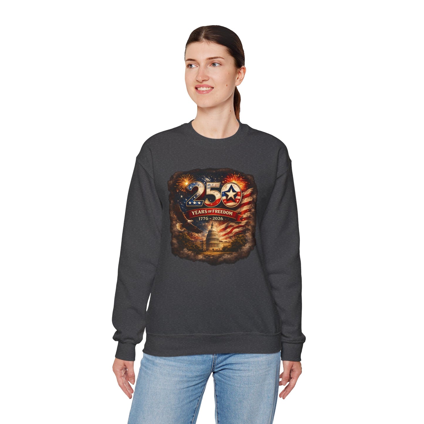 250th Anniversary Patriotic Crewneck Sweatshirt — "250 Years of Freedom" USA Flag Design
