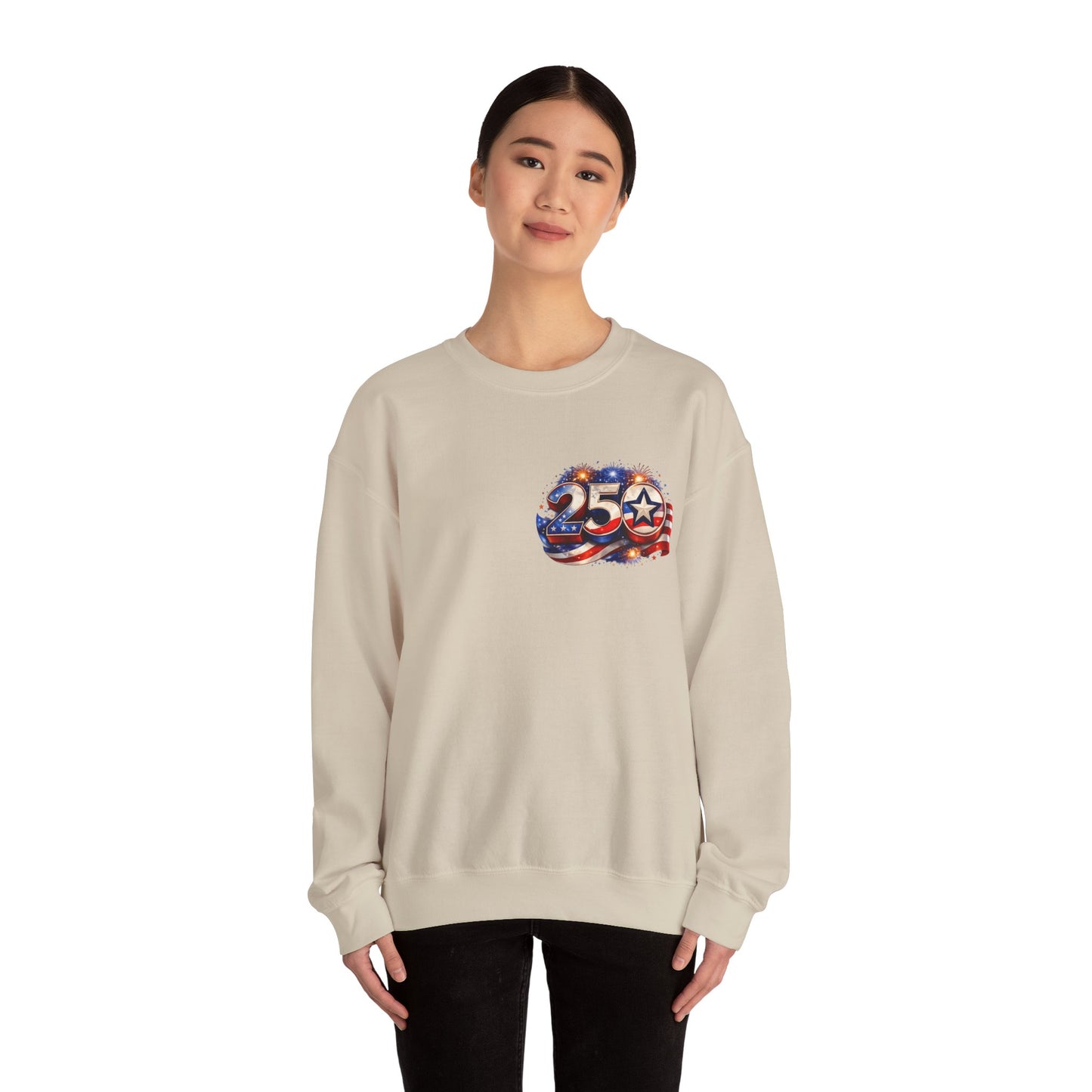 250th Anniversary USA Flag Crewneck Sweatshirt — Patriotic 25 Celebration Design Front and Back