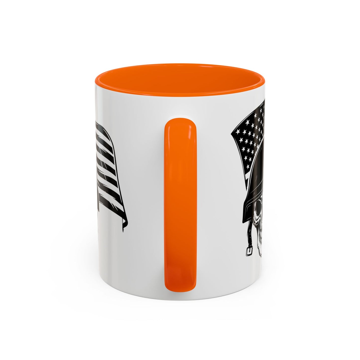 American Skull Soldier Coffee Mug — Military Helmet with US Flag (11/15oz)