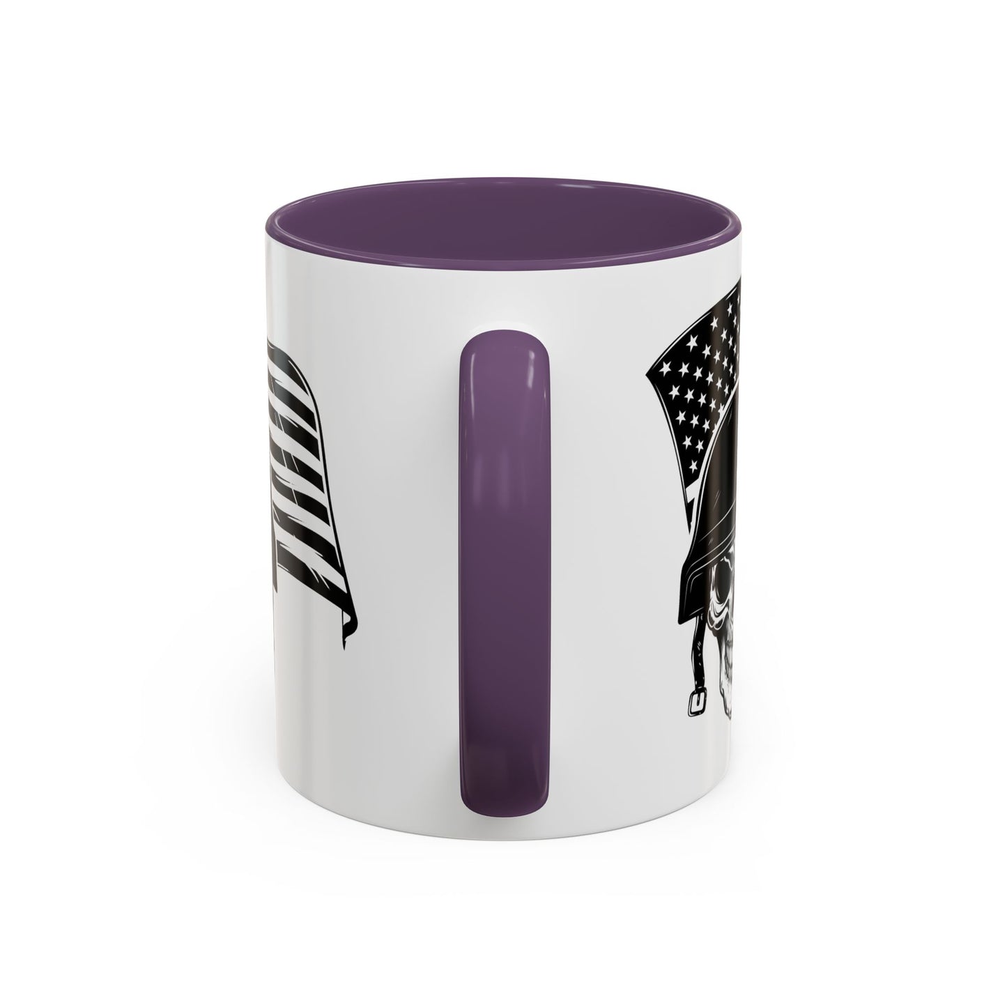 American Skull Soldier Coffee Mug — Military Helmet with US Flag (11/15oz)